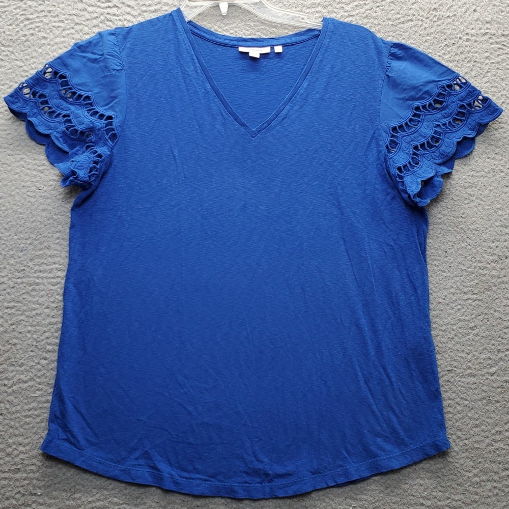 Chico's Blouse Top Womens Large Blue Scallop Sleeve V-Neck Lightweight Pullover